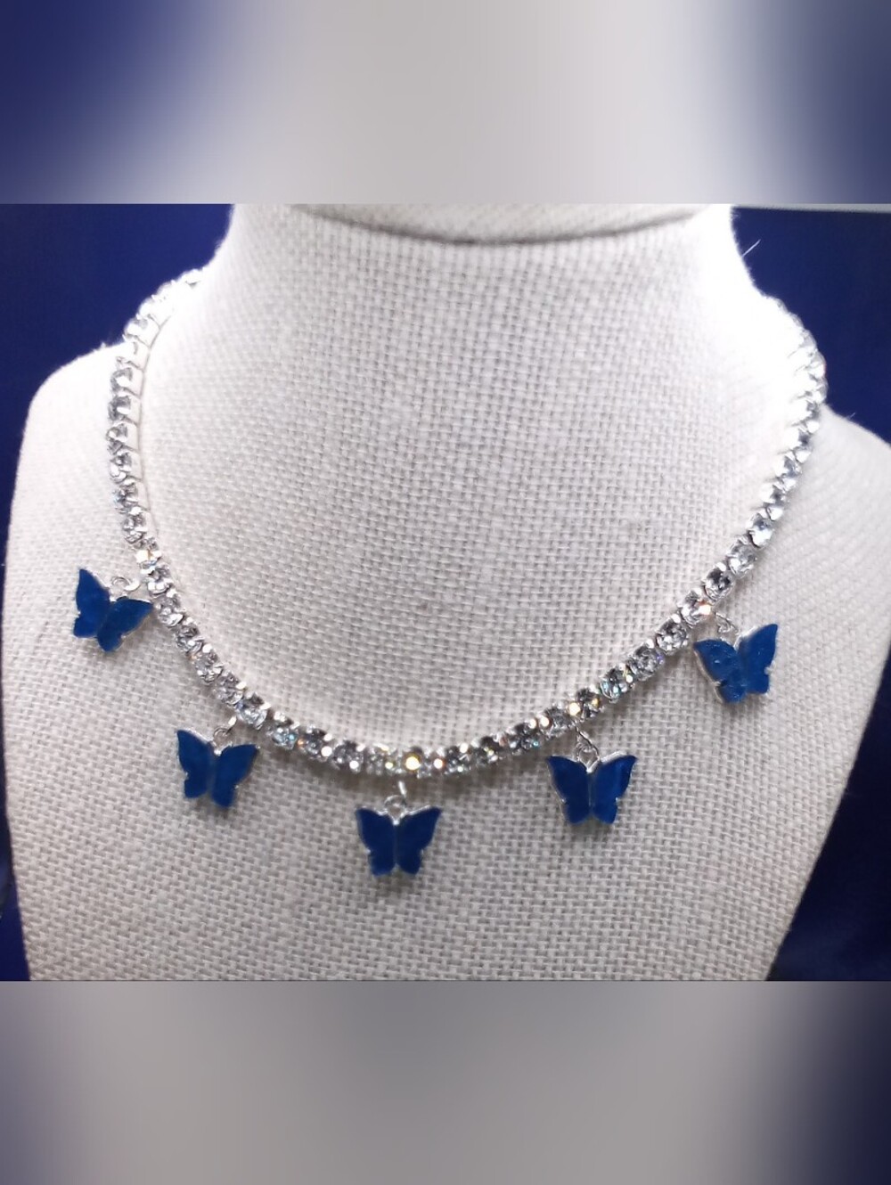 Silver Crystal Necklace with Blue Butterfly Charms - Elegant Women Jewelry